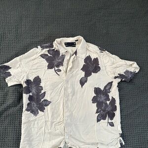 All Saints Men's Floral Button Down Shirt - Cream and Black